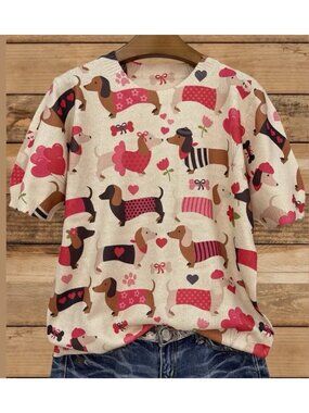Women Sweater Dachshund Print Size M Beige Colorful Round Neck Short Sleeves